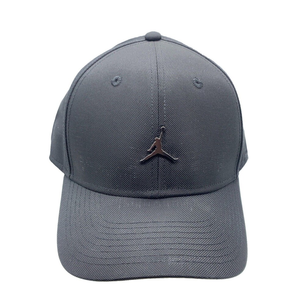 Nike Jordan Metal Jumpman Logo Rise Cap Black Strapback Hat Mens M/L Athletic